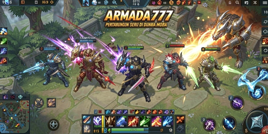 Tangkapan layar utama ARMADA777 menampilkan intensitas pertempuran dalam game MOBA.