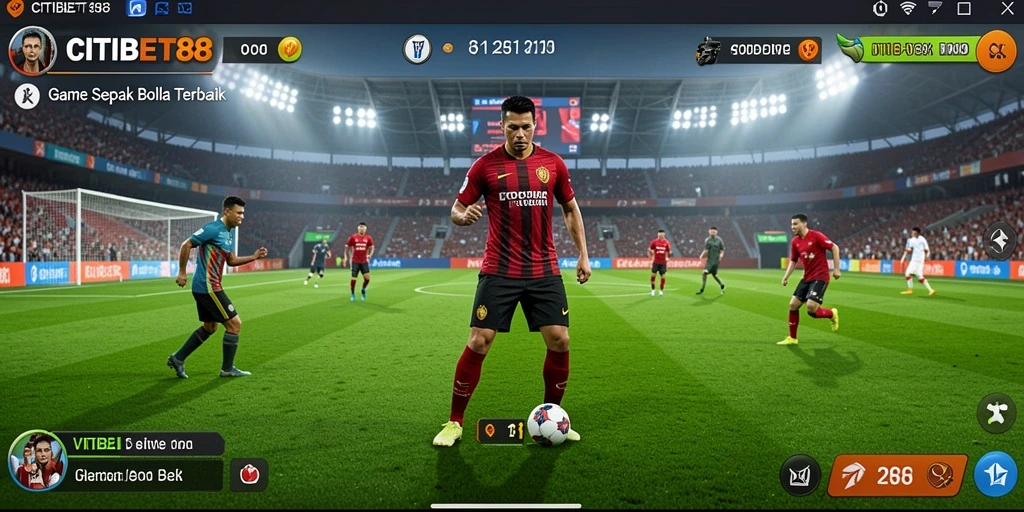 Screenshot utama gameplay CITIBET88 menampilkan aksi seru di lapangan sepak bola.