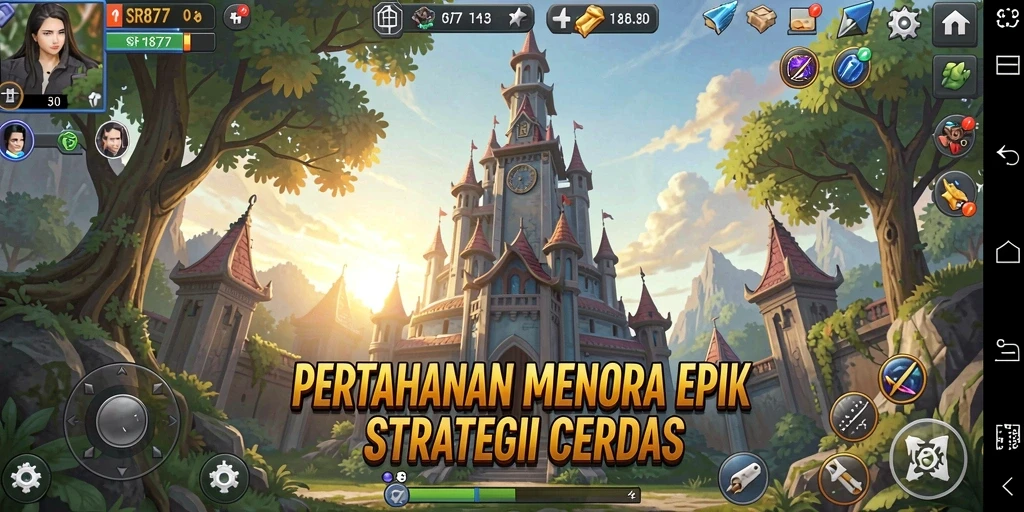Screenshot utama SR877 menampilkan serangan menara di permainan Tower Defense.