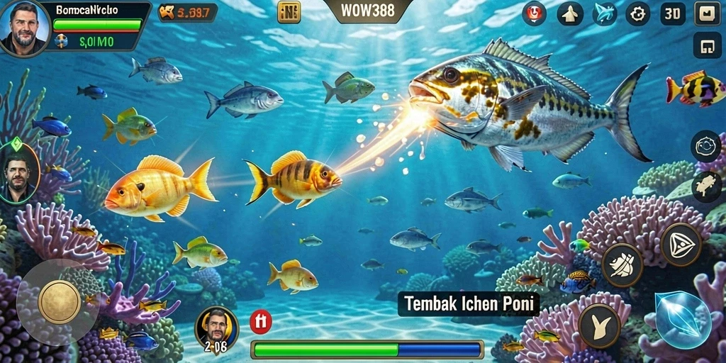Screenshot menunjukkan aksi seru dalam permainan Tembak Ikan.